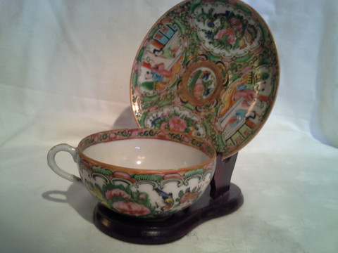 Chinese Famille Rose Medallion cup and saucer with display stand
